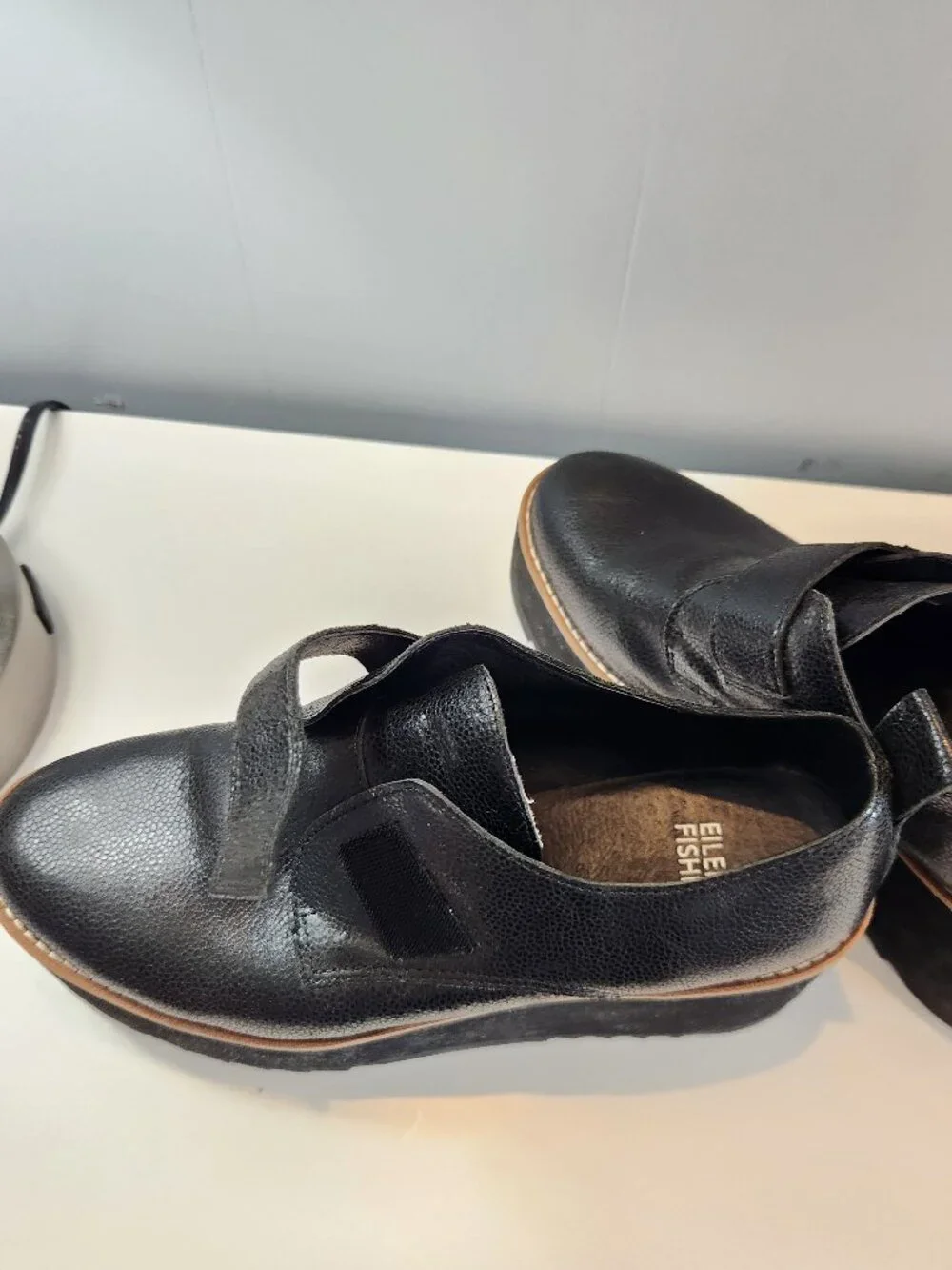 Eileen Fisher Black Leather Platform Slip-On Shoes Loafers - Picture 5 of 11